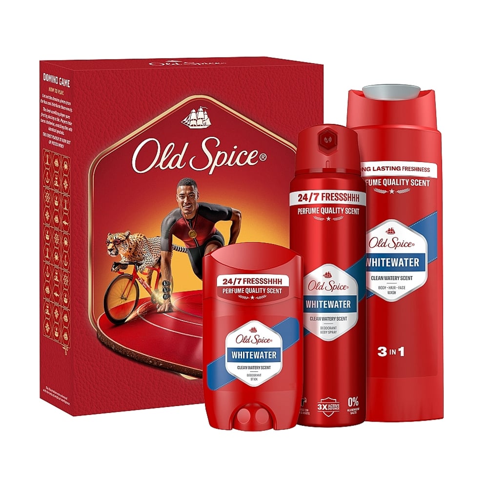 Чоловічий подарунковий набір Old Spice Whitewater Ironman (дезодорант, 150 мл + дезодорант-стік, 50 мл + гель для душу, 250 мл + гра доміно, 1 шт)